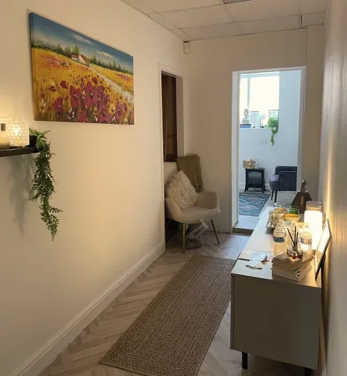 The quiet hallway and waiting area outside the therapy room